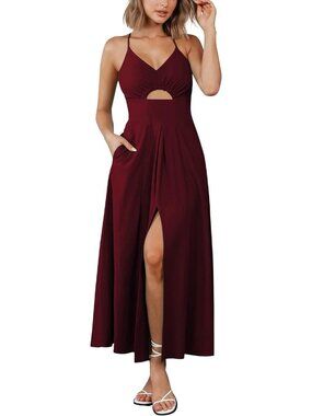 Women's Wine Red Summer Spaghetti Strap Midi Dress Sleeveless V Neck Maxi Dress